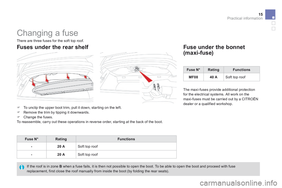 CITROEN DS3 CABRIO DAG 2015 Handbook (in English) 15Practical information
DS3-Cabrio_en_Chap11_info-pratiques_ed02-2014
Changing a fuse
To unclip the upper boot trim, pull it down, starting on the left. Remove the trim by tipping it dow CITROEN DS3 CABRIO DAG 2015 Handbook (in English) 15Practical information
DS3-Cabrio_en_Chap11_info-pratiques_ed02-2014
Changing a fuse
To unclip the upper boot trim, pull it down, starting on the left. Remove the trim by tipping it dow