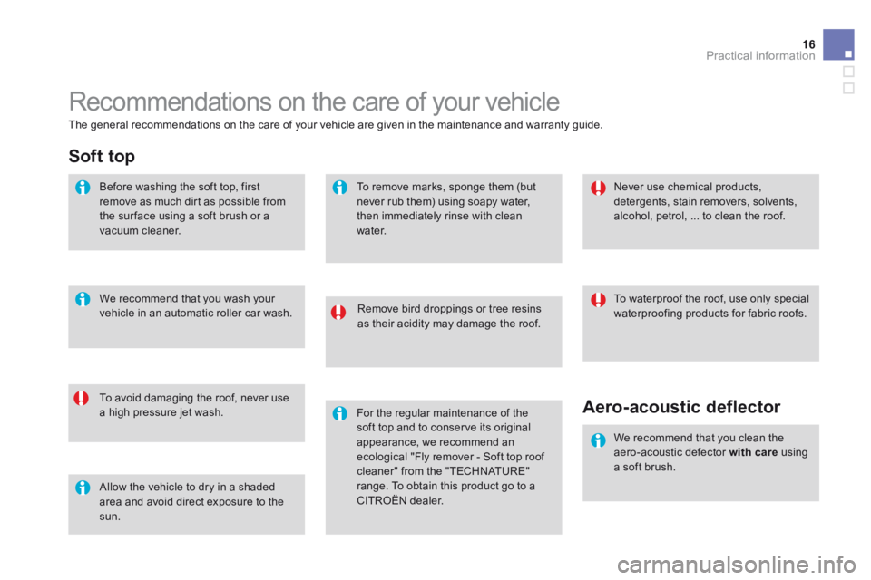 CITROEN DS3 CABRIO DAG 2015 Handbook (in English) 16Practical information
DS3-Cabrio_en_Chap11_info-pratiques_ed02-2014
Recommendations on the care of your vehicle
Remove bird droppings or tree resins as their acidity may damage the roof.
To CITROEN DS3 CABRIO DAG 2015 Handbook (in English) 16Practical information
DS3-Cabrio_en_Chap11_info-pratiques_ed02-2014
Recommendations on the care of your vehicle
Remove bird droppings or tree resins as their acidity may damage the roof.
To