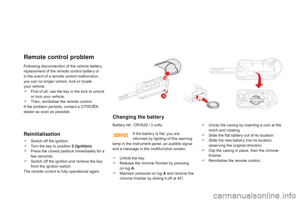 CITROEN DS3 CABRIO DAG 2015  Handbook (in English) DS3_en_Chap03_ouvertures_ed01-2014
Following disconnection of the vehicle battery, replacement   of   the   remote   control   battery   or  
i

n   the   event   of   a   remote   