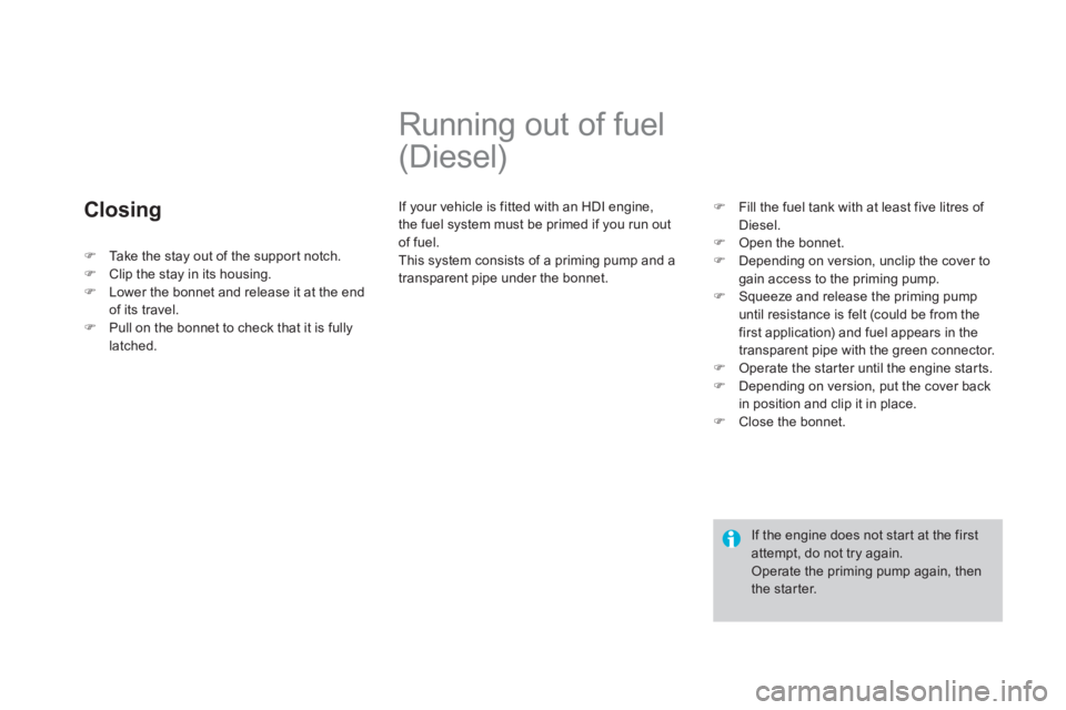 CITROEN DS3 CABRIO DAG 2013  Handbook (in English) Closing
   
 
 
 
 
 
 
 
Running out of fuel 
(Diesel) 
  If your vehicle is fitted with an HDI engine, 
the fuel system must be primed if you run out of fuel.
  This system consists of a priming pum