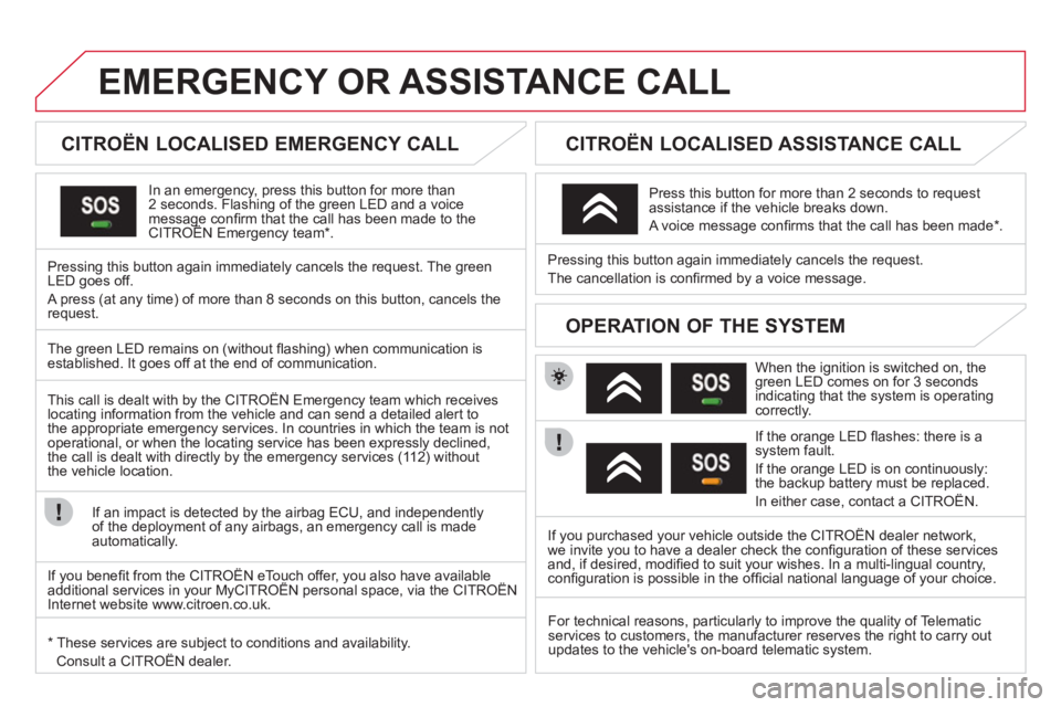 CITROEN DS3 CABRIO DAG 2013  Handbook (in English) EMERGENCY OR ASSISTANCE CALL
   
 
 
 
 
 
 
CITROËN LOCALISED EMERGENCY CALL  
In an emergency, press this button for more than2 seconds. Flashing of the green LED and a voice message conﬁ rm that