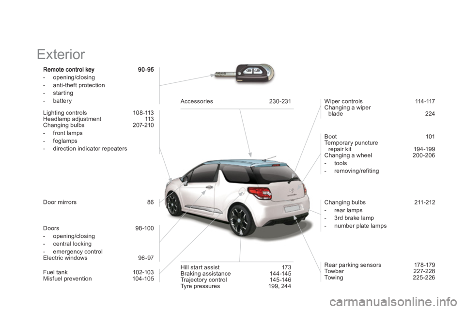 CITROEN DS3 CABRIO DAG 2013 Handbook (in English) Exterior
- opening/closing
- anti-theft protection
- starting
- battery
Lighting controls 108-113
Headlamp adjustment 113
Changing bulbs 207-210
- front lamps
-
foglamps
- dir CITROEN DS3 CABRIO DAG 2013 Handbook (in English) Exterior
- opening/closing
- anti-theft protection
- starting
- battery
Lighting controls 108-113
Headlamp adjustment 113
Changing bulbs 207-210
- front lamps
-
foglamps
- dir