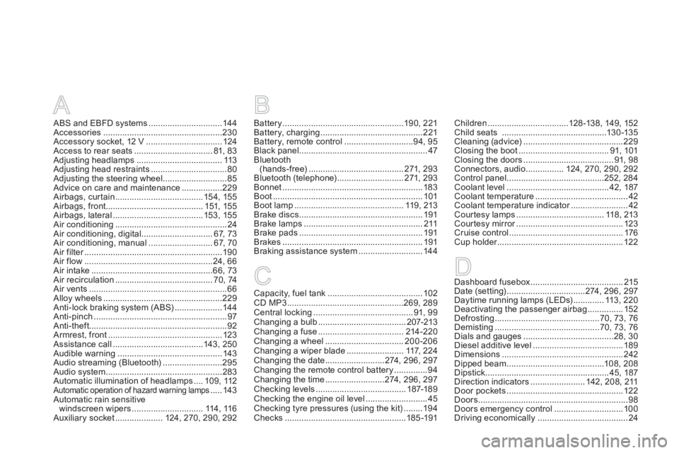 CITROEN DS3 CABRIO DAG 2013  Handbook (in English) A
ABS and EBFD systems...............................144Accessories ..................................................230Accessory socket, 12 V ................................124Access to rear seats.