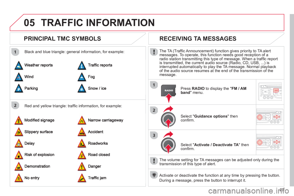 CITROEN DS3 CABRIO DAG 2013  Handbook (in English) 23
05TRAFFIC INFORMATION
   
 
 
 
 
PRINCIPAL TMC SYMBOLS 
 
 
Red and yellow triangle: trafﬁ c information, for example:     
Black and blue trian
gle: general information, for example: 
 
 
 
 
 
