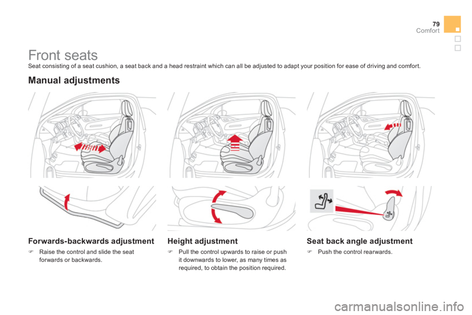 CITROEN DS3 CABRIO DAG 2013  Handbook (in English) 79Comfort
   
 
 
 
 
 
 
 
Front seats  Seat consisting of a seat cushion, a seat back and a head restraint which can all be adjusted to adapt your position for ease of driving and comfort. 
 
 Manua