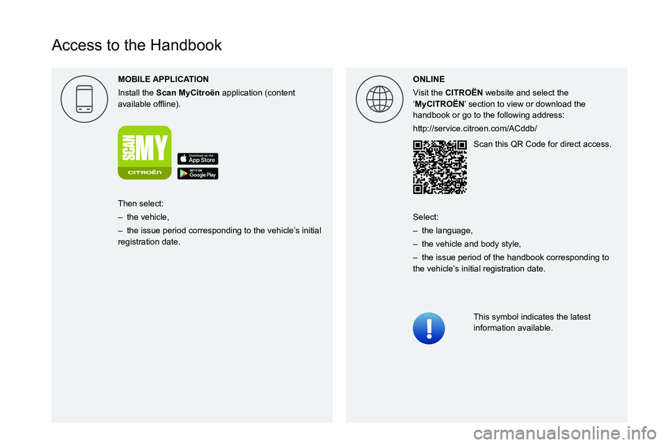 CITROEN RELAY 2020  Handbook (in English)  
  
 
 
 
 
 
 
   
Access to the Handbook
MOBILE 
Install the Scan MyCitro\353n application (content 
004400590044004C004F00440045004F0048000300521089004C00510048000C0011 ONLINE
Visit the CITRO\313N