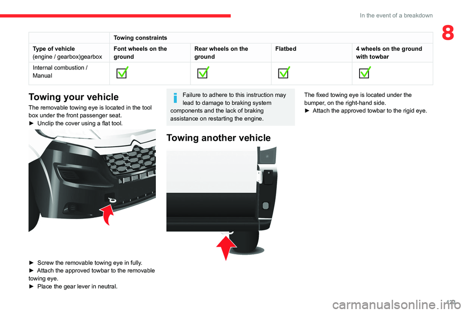 CITROEN RELAY 2020 Handbook (in English) 123
In the event of a breakdown
8Towing constraints
Type of vehicle
(engine / gearbox)gearbox Font wheels on the
ground Rear wheels on the
ground Flatbed
4 wheels on the ground
with towbar
Internal CITROEN RELAY 2020 Handbook (in English) 123
In the event of a breakdown
8Towing constraints
Type of vehicle
(engine / gearbox)gearbox Font wheels on the
ground Rear wheels on the
ground Flatbed
4 wheels on the ground
with towbar
Internal