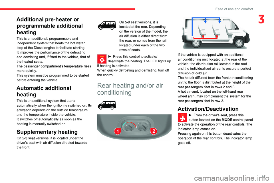CITROEN RELAY 2020  Handbook (in English) 35
Ease of use and comfort
3Additional pre-heater or programmable additional 
heating
This is an additional, programmable and 
independent system that heats the hot water 
loop of the Diesel engine to