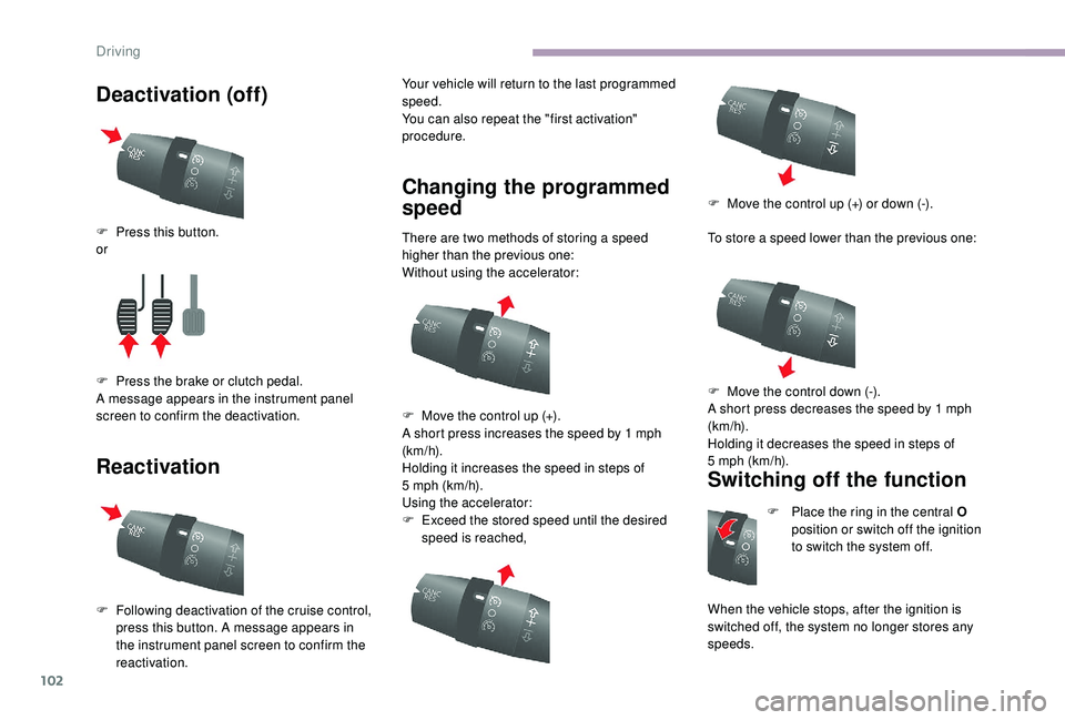 CITROEN RELAY 2019 Handbook (in English) 102
Deactivation (off)
ReactivationYour vehicle will return to the last programmed
speed.
You can also repeat the "first activation"
procedure.
Changing the programmed
speed
There are two m CITROEN RELAY 2019 Handbook (in English) 102
Deactivation (off)
ReactivationYour vehicle will return to the last programmed
speed.
You can also repeat the "first activation"
procedure.
Changing the programmed
speed
There are two m