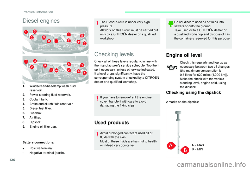 CITROEN RELAY 2019  Handbook (in English) 126
Diesel engines
1.Windscreen/headlamp wash fluid 
reservoir.
2. Power steering fluid reservoir.
3. Coolant tank.
4. Brake and clutch fluid reser voir.
5. Diesel fuel filter.
6. Fusebox.
7. A i r f 