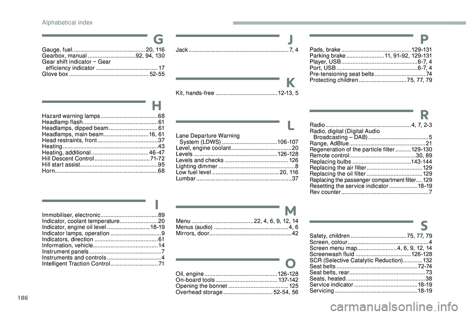 CITROEN RELAY 2019  Handbook (in English) 186
Jack ...............................................................7,  4Pads, brake  ............................................
12 9 -131
Parking brake  ........................11, 91-92, 129 -