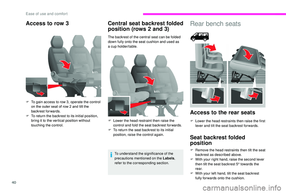 CITROEN RELAY 2019  Handbook (in English) 40
Access to row 3Central seat backrest folded 
position (rows 2
  and 3)
The backrest of the central seat can be folded 
down fully onto the seat cushion and used as 
a
  cup holder/table.
To underst
