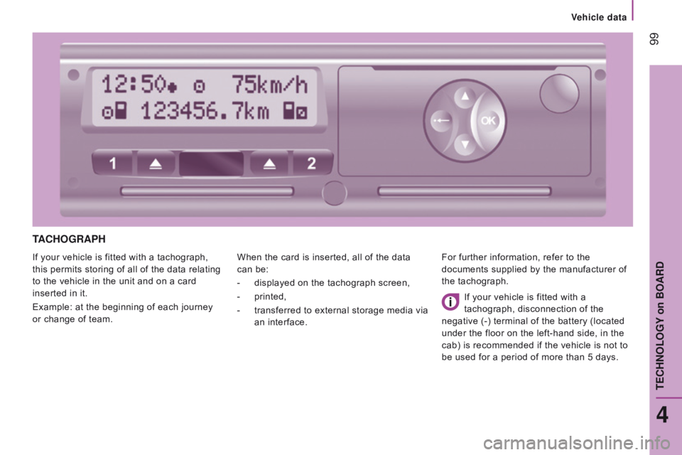 CITROEN RELAY 2017 Handbook (in English) 99
tAc HOG r APH
If your vehicle is fitted with a tachograph,
this permits storing of all of the data relating
to the vehicle in the unit and on a card
inserted in it.
Example: at the beginning of CITROEN RELAY 2017 Handbook (in English) 99
tAc HOG r APH
If your vehicle is fitted with a tachograph,
this permits storing of all of the data relating
to the vehicle in the unit and on a card
inserted in it.
Example: at the beginning of