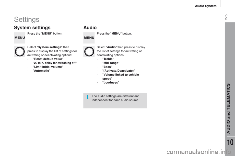 CITROEN RELAY 2017 Handbook (in English) 275Settings
System settingsAudio
Press the "MEnu" b utton. Press the "MEnu" b utton.
Select " System settings " then
press to display the list of settings for
activating or CITROEN RELAY 2017 Handbook (in English) 275Settings
System settingsAudio
Press the "MEnu" b utton. Press the "MEnu" b utton.
Select " System settings " then
press to display the list of settings for
activating or