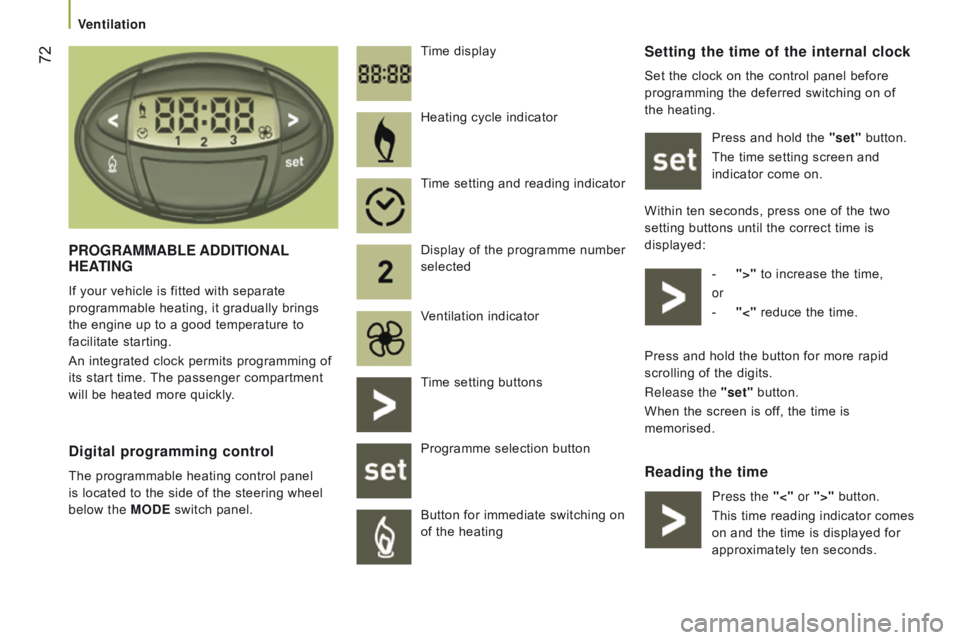 CITROEN RELAY 2017  Handbook (in English)  72Setting the time of the internal clock
Set the clock on the control panel before 
programming the deferred switching on of 
the heating.Press and hold the "set" button.
The time setting scr