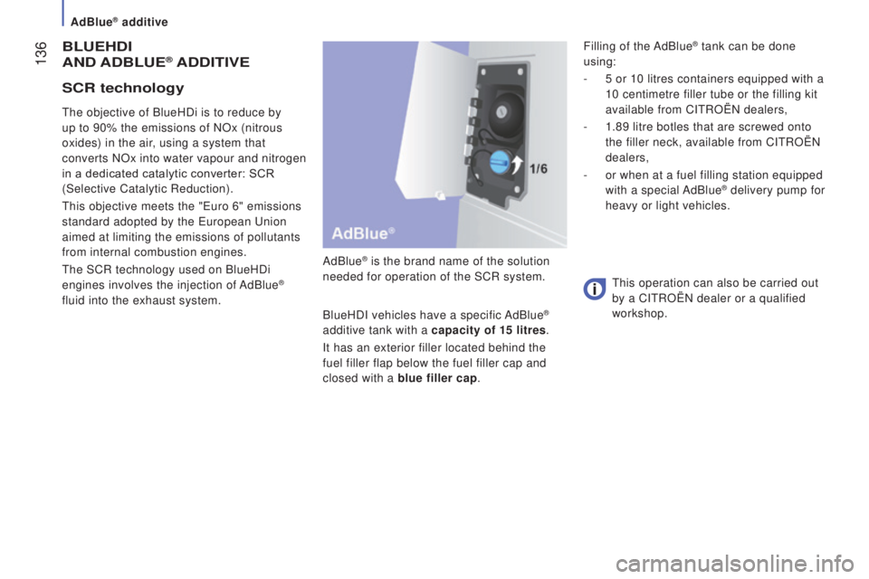 CITROEN RELAY 2016 Handbook (in English) 136
BLuEHdI
A nd AdB L u E® AddItIVE
AdBlue® is the brand name of the solution
needed for operation of the SCR system.
BlueHDI vehicles have a specific AdBlue
®
additive tank with a capacity of CITROEN RELAY 2016 Handbook (in English) 136
BLuEHdI
A nd AdB L u E® AddItIVE
AdBlue® is the brand name of the solution
needed for operation of the SCR system.
BlueHDI vehicles have a specific AdBlue
®
additive tank with a capacity of