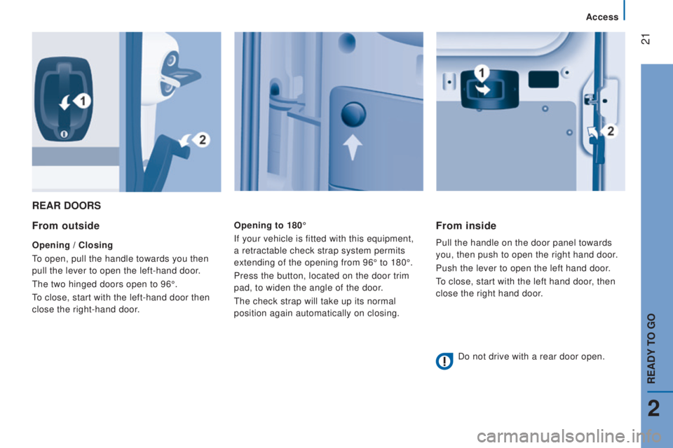 CITROEN RELAY 2016  Handbook (in English)  21
rEAr dOOrS
From outside
Opening / closing
T o open, pull the handle towards you then 
pull the lever to open the left-hand door.
The two hinged doors open to 96°.
To close, start with the left-ha
