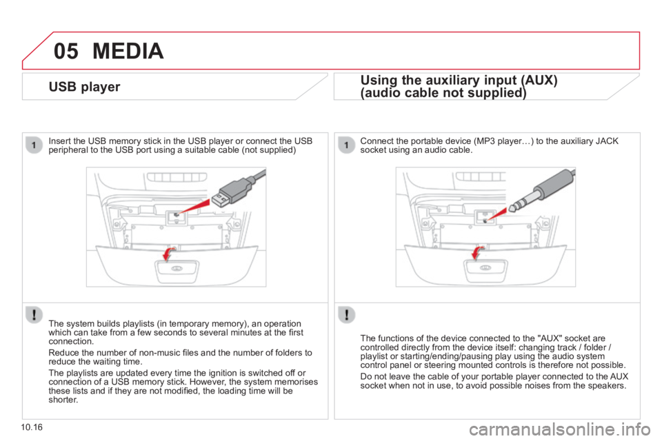 CITROEN RELAY 2015 Handbook (in English) 05
10.16
USB player
Insert the USB memory stick in the USB player or connect the USB peripheral to the USB port using a suitable cable (not supplied)
The system builds playlists CITROEN RELAY 2015 Handbook (in English) 05
10.16
USB player
Insert the USB memory stick in the USB player or connect the USB peripheral to the USB port using a suitable cable (not supplied)
The system builds playlists