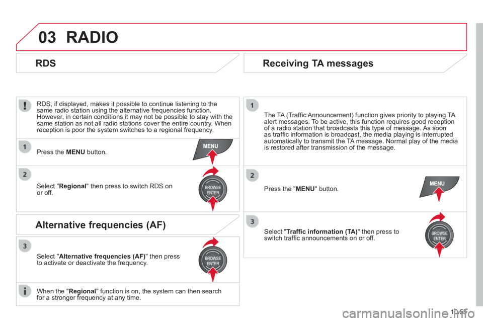 CITROEN RELAY 2015  Handbook (in English) 03
10.55
 RADIO 
  RDS, if displayed, makes it possible to continue listening to the same radio station using the alternative frequencies function. However, in certain conditions it may not be possibl