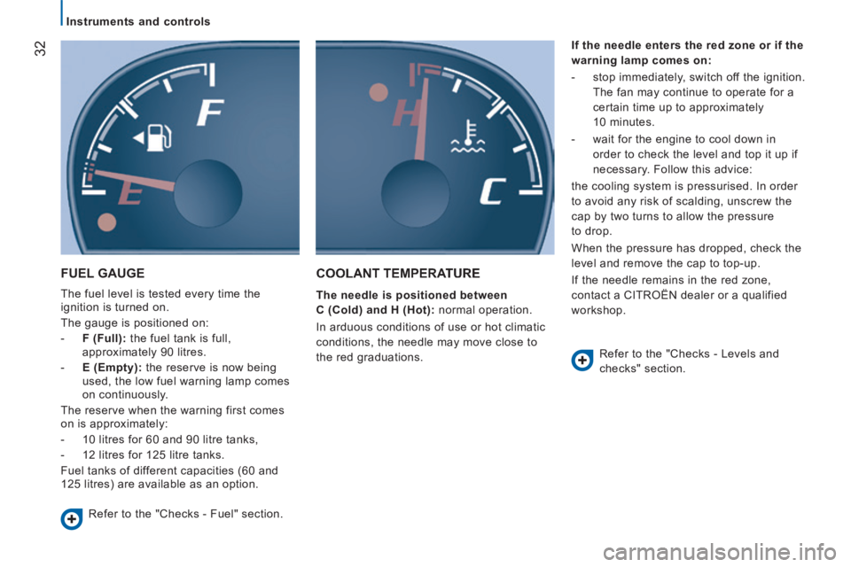 CITROEN RELAY 2015  Handbook (in English) 32
   Instruments  and  controls   
 FUEL  GAUGE 
 
The fuel level is tested every time the 
ignition is turned on. 
 The gauge is positioned on: 
   -    F (Full):  the fuel tank is full, approximate