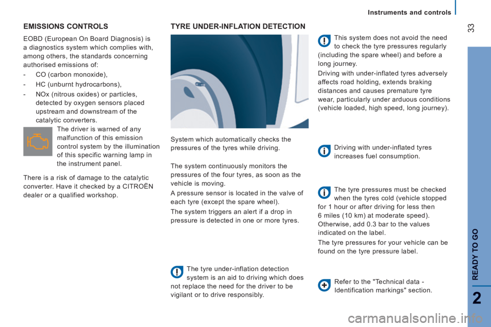 CITROEN RELAY 2015  Handbook (in English) 33
2
READY TO GO
Instruments and controls
 EMISSIONS  CONTROLS 
 EOBD (European On Board Diagnosis) is 
a diagnostics system which complies with, 
among others, the standards concerning 
authorised em
