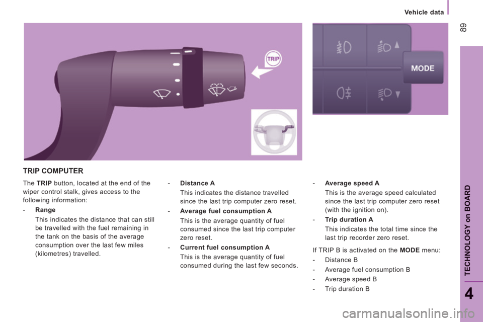 CITROEN RELAY 2015 Handbook (in English) 89
4
TECHNOLOGY on BOARD
Vehicle data
The TRIP button, located at the end of the
wiper control stalk, gives access to the
following information:
- Range
This indicates the distanc CITROEN RELAY 2015 Handbook (in English) 89
4
TECHNOLOGY on BOARD
Vehicle data
The TRIP button, located at the end of the
wiper control stalk, gives access to the
following information:
- Range
This indicates the distanc