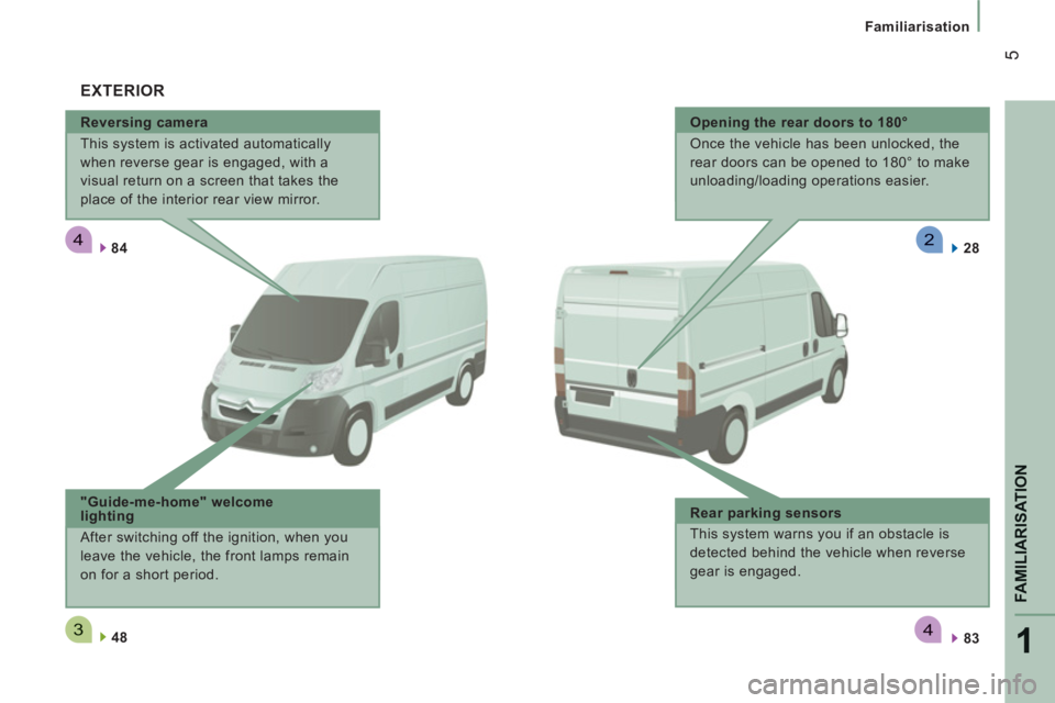CITROEN RELAY 2014  Handbook (in English) 4
34
2
1
FAMILIARISATION
5
Familiarisation
   
Reversing camera 
  This system is activated automatically 
when reverse gear is engaged, with a 
visual return on a screen that takes the 
place of the 