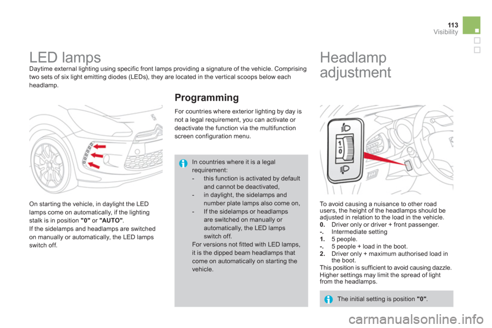 Citroen DS3 2013 1.G Owners Manual 113Visibility
   
 
 
 
 
LED lamps  
Daytime external lighting using specific front lamps providing a signature of the vehicle. Comprising 
two sets of six light emitting diodes (LEDs), they are loca
