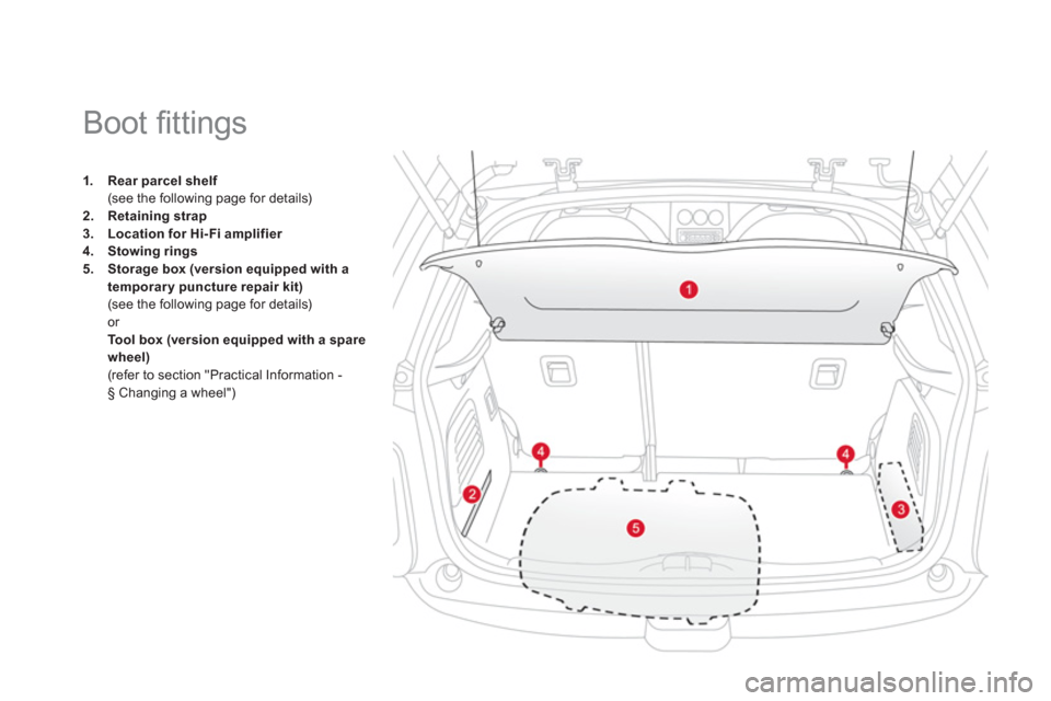 Citroen DS3 2013 1.G Owners Manual 1.Rear parcel shelf(see the following page for details) 2.Retaining strap3.Location for Hi- Fi amplifier
4.Stowing rings5.Storage box (version equipped with a 
temporary puncture repair kit)(see the f