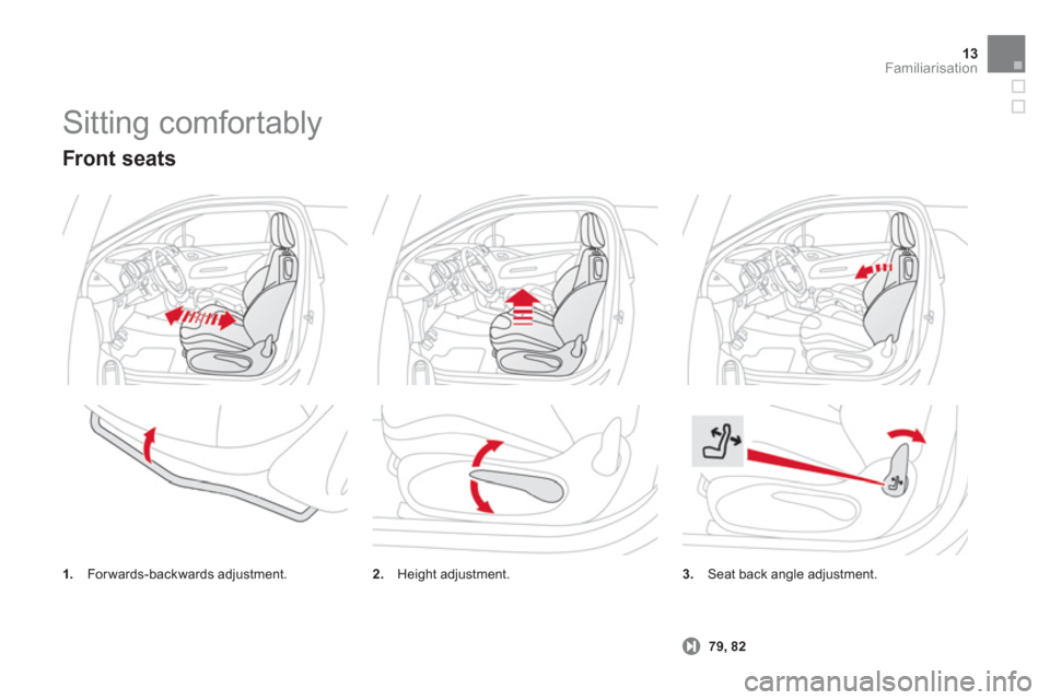 Citroen DS3 2013 1.G Owners Manual 13Familiarisation
  Sitting comfortably 
3. Seat back angle adjustment. 
   79, 82
 
 
Front seats 
1. 
  Forwards-backwards adjustment.2. 
 Height adjustment.  