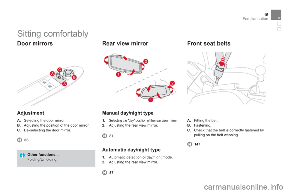 Citroen DS3 2013 1.G Owners Manual 15
Familiarisation
  Sitting comfortably 
 
 
Door mirrors
 
 
Adjustment
A.Selecting the door mirror. 
B.Adjusting the position of the door mirror. 
C
.De-selecting the door mirror. 
86
Other functio