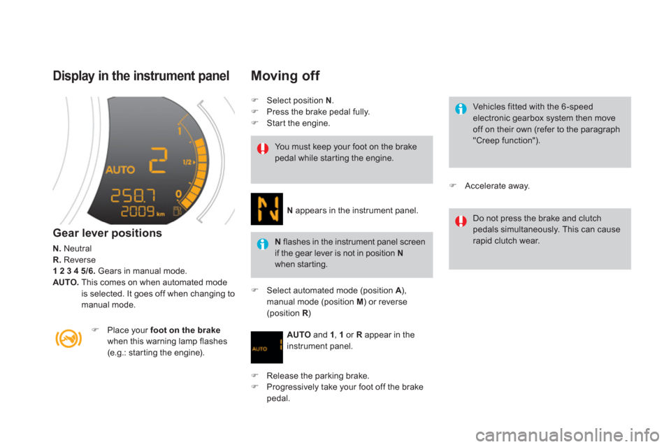Citroen DS3 2013 1.G Owners Manual Display in the instrument panel 
Gear lever positions 
N. Neutral R.Reverse1 2 3 4 5/6.   Gears in manual mode.AUTO. 
  This comes on when automated modeis selected. It goes off when changing to manua