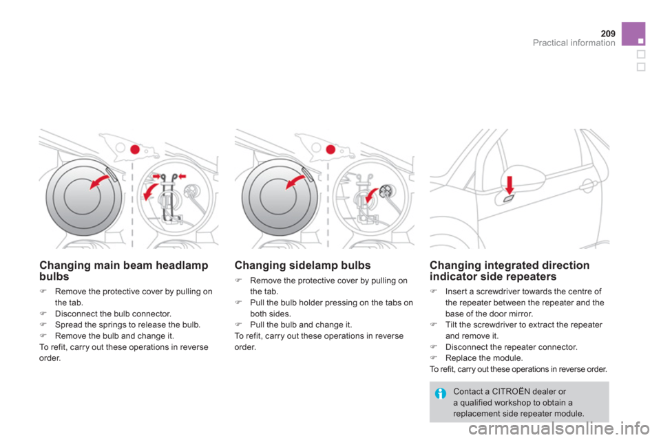 Citroen DS3 2013 1.G Owners Manual 209Practical information
Changing main beam headlamp
bulbs
�)Remove the protective cover by pulling on
the tab. �)Disconnect the bulb connector. �)Spread the springs to release the bulb.�)Remove the b