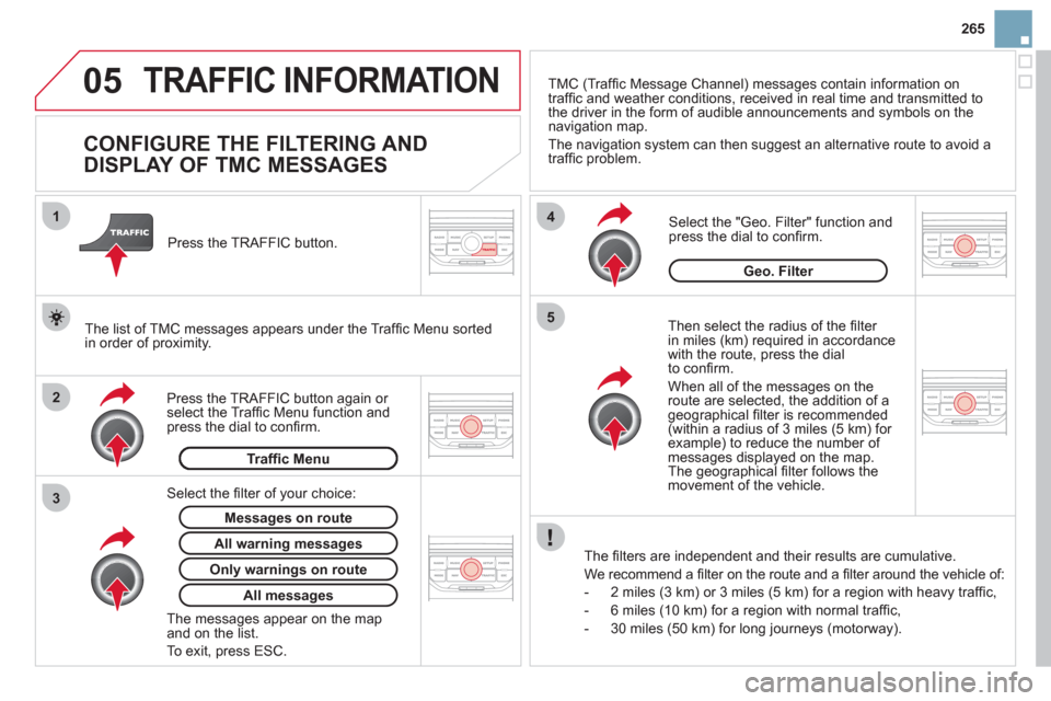 Citroen DS3 2013 1.G Owners Manual 265
05
2 1
3
4
5
TRAFFIC INFORMATION 
   
 
 
 
 
 
 
 
 
CONFIGURE THE FILTERING AND 
DISPLAY OF TMC MESSAGES 
   
Then select the radius of the ﬁ lter 
in miles (km) required in accordance 
with t