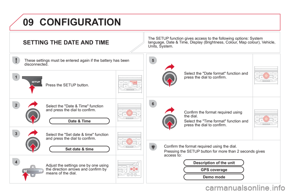 Citroen DS3 2013 1.G Owners Manual 09
4 3 2 1
65
CONFIGURATION 
   
 
 
 
 
 
 
 
 
 
 
 
 
 
 
SETTING THE DATE AND TIME The SETUP function gives access to the following options: Systemlanguage, Date & Time, Display (Brightness, Colou