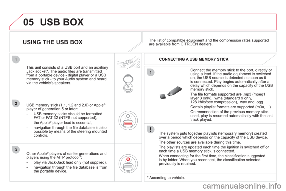 Citroen DS3 2013 1.G User Guide 05
1
1
2
3
  USB BOX
 
 
The system puts together playlists (temporary memory) createdover a period which depends on the capacity of the USB device. 
  The other sources are available durin
g this tim