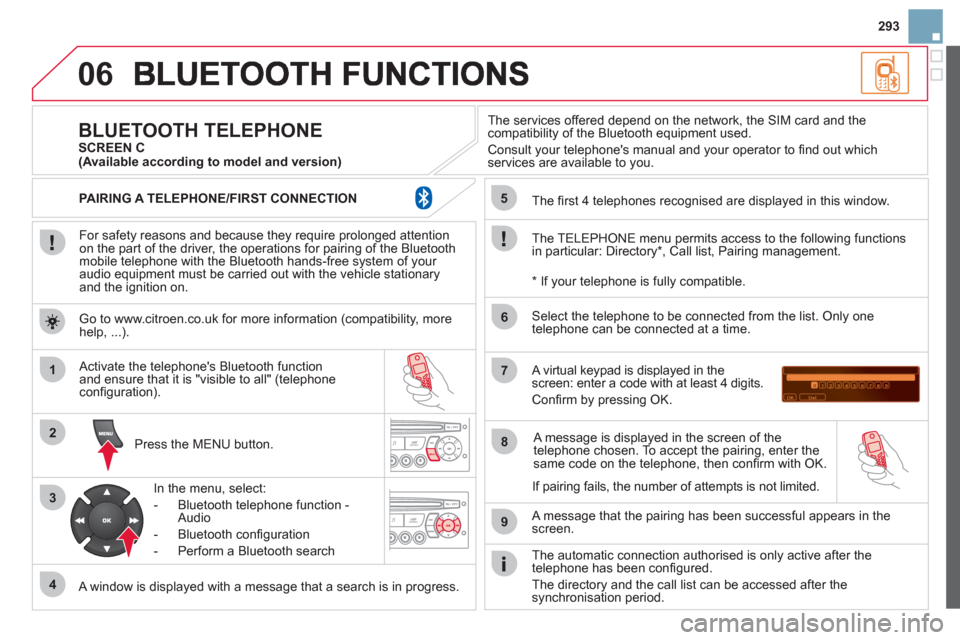 Citroen DS3 2013 1.G Owners Manual 293
06
1
2
3
4
5
6
7
8
9
MENU
OK
   
For safety reasons and because they require prolonged attentionon the part of the driver, the operations for pairing of the Bluetooth mobile telephone with the Blu