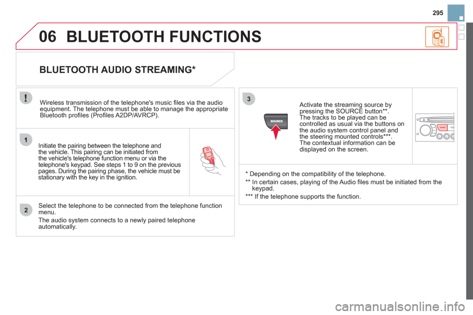 Citroen DS3 2013 1.G Owners Manual 295
2
3
SOURCE
06
   
Initiate the pairing between the telephone and
the vehicle. This pairing can be initiated from 
the vehicles telephone function menu or via the
telephones ke
ypad. See steps 1 