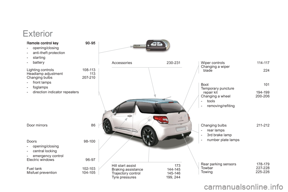Citroen DS3 2013 1.G Owners Manual   Exterior  
-  opening/closing 
-  anti-theft protection 
-  starting 
-  battery
Lighting controls   108-113 
Headlamp adjustment   113 
Changing bulbs   207-210 
-  front lamps 
-  
foglamps
-  dir