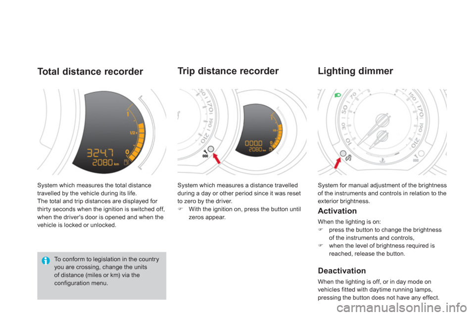 Citroen DS3 2013 1.G Owners Manual System which measures the total distance
travelled by the vehicle during its life.
The total and trip distances are displayed for 
thirty seconds when the ignition is switched off, 
when the drivers 