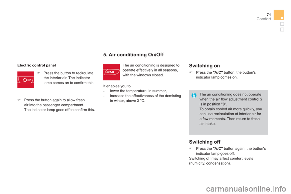 Citroen DS3 2013 1.G Owners Manual 71Comfort
5. Air conditioning On/Off 
  The air conditioning is designed tooperate effectively in all seasons,
with the windows closed. 
Electric control panel
�)   Press the button to recirculate 
th