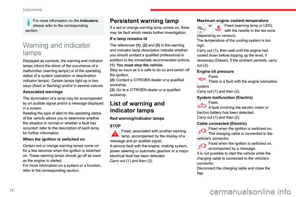 CITROEN DISPATCH SPACETOURER DAG 2021  Handbook (in English) 12
Instruments
For more information on the Indicators, 
please refer to the corresponding 
section.
Warning and indicator 
lamps
Displayed as symbols, the warning and indicator 
lamps inform the drive