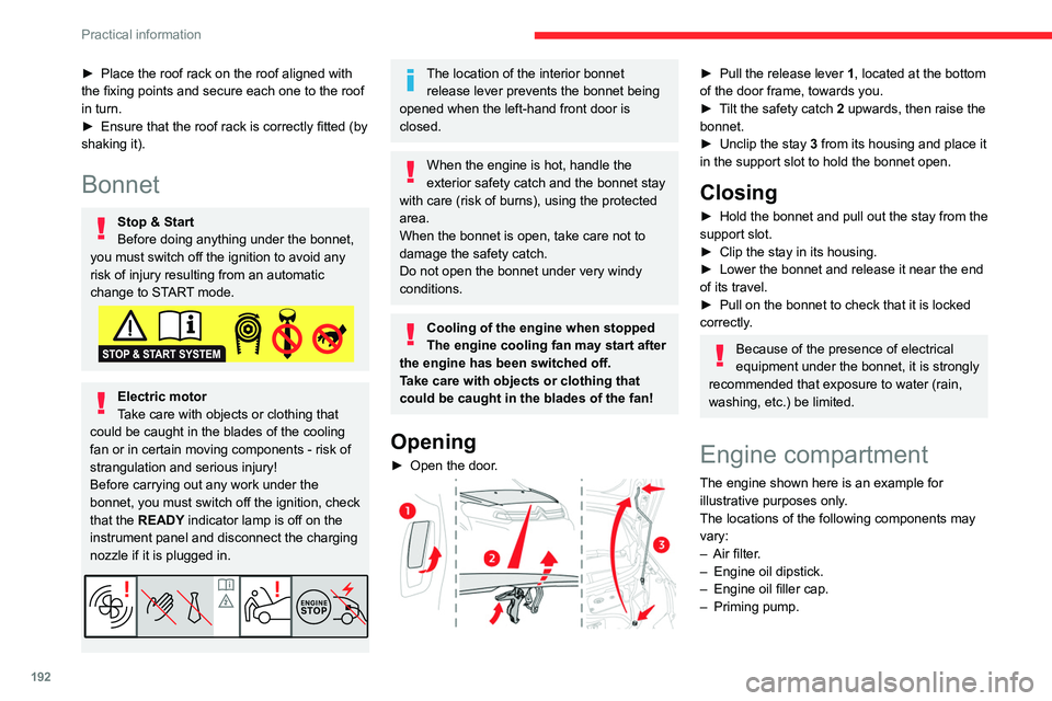 CITROEN DISPATCH SPACETOURER DAG 2021  Handbook (in English) 192
Practical information
Diesel engine 
 
1.Screenwash fluid reservoir
2. Engine coolant reservoir
3. Brake fluid reservoir
4. Battery
5. Remote earth point (-)
6. Fusebox
7. Air filter
8. Engine oil