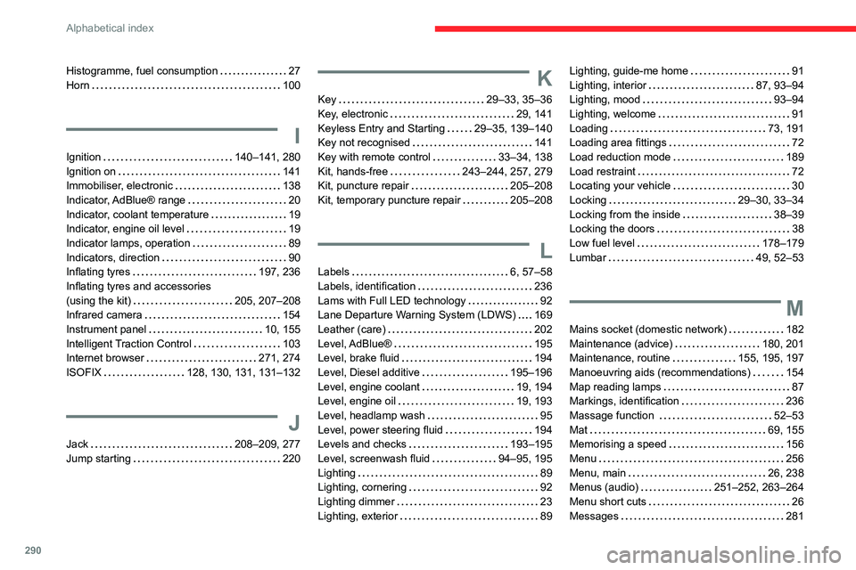 CITROEN DISPATCH SPACETOURER DAG 2021  Handbook (in English) 290
Alphabetical index
Histogramme, fuel consumption     27
Horn     
100
I
Ignition    140–141, 280
Ignition on     
141
Immobiliser, electronic
    
138
Indicator, AdBlue®  range
    
20
Indicato