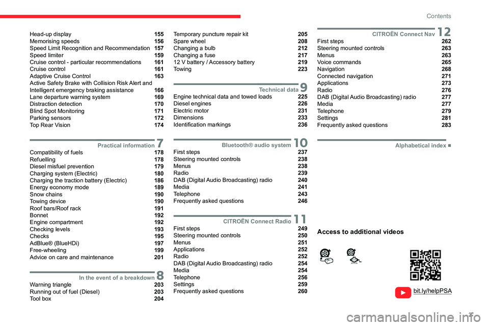 CITROEN DISPATCH SPACETOURER DAG 2021  Handbook (in English) 3
Contents
  
  
 
 
 
 
Head-up display  155
Memorising speeds  156
Speed Limit Recognition and Recommendation  157
Speed limiter  159
Cruise control - particular recommendations  161
Cruise control 