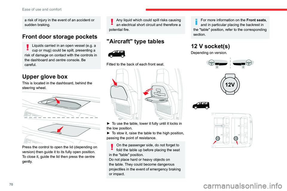 CITROEN DISPATCH SPACETOURER DAG 2021  Handbook (in English) 70
Ease of use and comfort
 
 
► To connect a 12 V accessory (maximum 
power: 120 Watts), lift the cover and plug in a 
suitable adapter.
Observe the maximum power rating to 
avoid damaging the acce