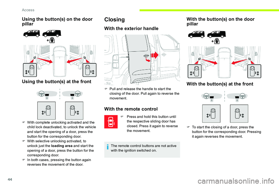 CITROEN DISPATCH SPACETOURER DAG 2020  Handbook (in English) 44
Using the button(s) on the door 
pillar
Using the button(s) at the front
F With complete unlocking activated and the  child lock deactivated, to unlock the vehicle 
and start the opening of a door,