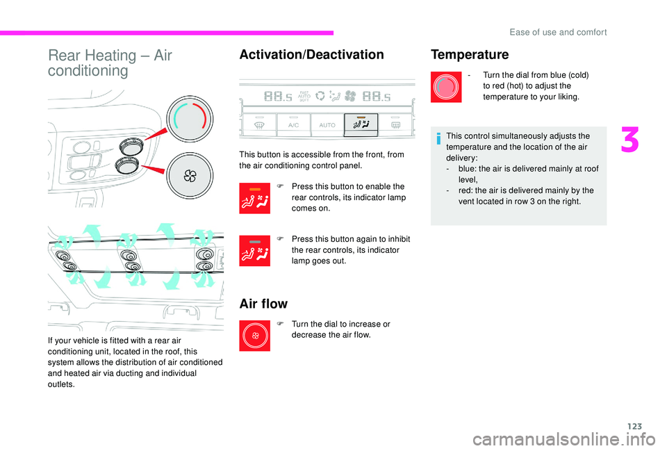 CITROEN DISPATCH SPACETOURER 2018 Handbook (in English) 123
Rear Heating – Air
conditioning
If your vehicle is fitted with a rear air
conditioning unit, located in the roof, this
system allows the distribution of air conditioned
and heated air via du CITROEN DISPATCH SPACETOURER 2018 Handbook (in English) 123
Rear Heating – Air
conditioning
If your vehicle is fitted with a rear air
conditioning unit, located in the roof, this
system allows the distribution of air conditioned
and heated air via du