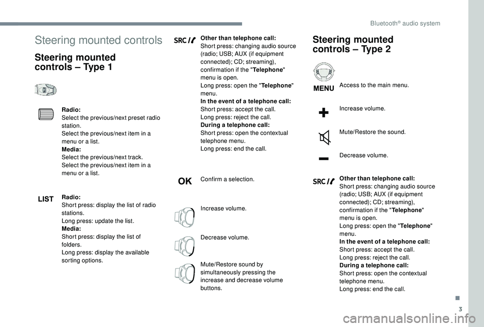 CITROEN DISPATCH SPACETOURER DAG 2018 Handbook (in English) 3
Steering mounted controls
Steering mounted
controls – Type 1
Radio:
Select the previous/next preset radio
station.
Select the previous/next item in a
menu or a list.
Media:
Select the previous CITROEN DISPATCH SPACETOURER DAG 2018 Handbook (in English) 3
Steering mounted controls
Steering mounted
controls – Type 1
Radio:
Select the previous/next preset radio
station.
Select the previous/next item in a
menu or a list.
Media:
Select the previous