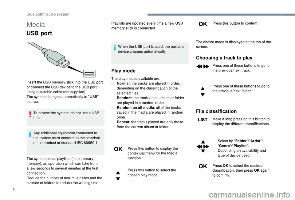 CITROEN DISPATCH SPACETOURER DAG 2018 Handbook (in English) 8
Media
USB port
To protect the system, do not use a USB
hub.
Any additional equipment connected to
the system must conform to the standard
of the product or standard IEC 60950 -1.Playlists are upd CITROEN DISPATCH SPACETOURER DAG 2018 Handbook (in English) 8
Media
USB port
To protect the system, do not use a USB
hub.
Any additional equipment connected to
the system must conform to the standard
of the product or standard IEC 60950 -1.Playlists are upd